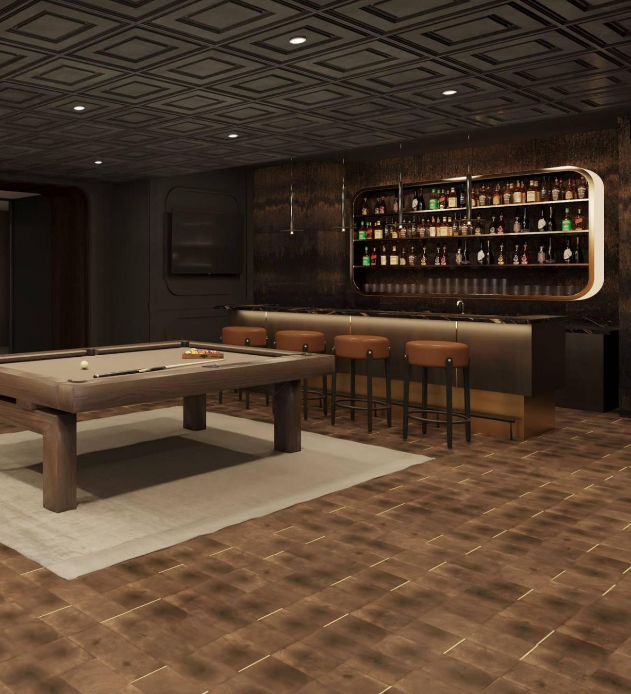 Oberon A cozy bar featuring a pool table surrounded by chairs, inviting patrons to enjoy games and socializing.