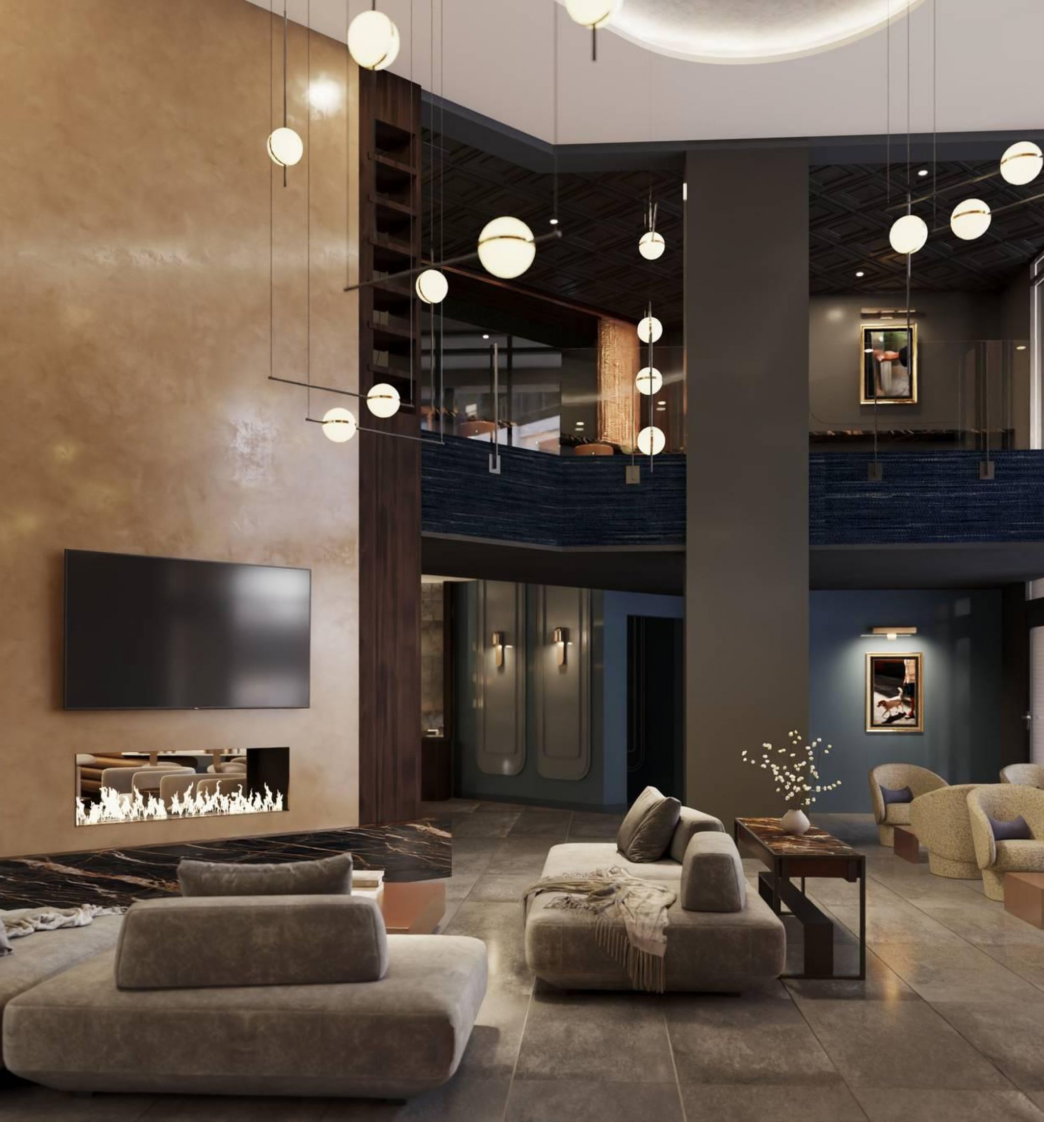 Oberon A modern hotel lobby featuring a spacious design and a large, elegant fireplace as a focal point.