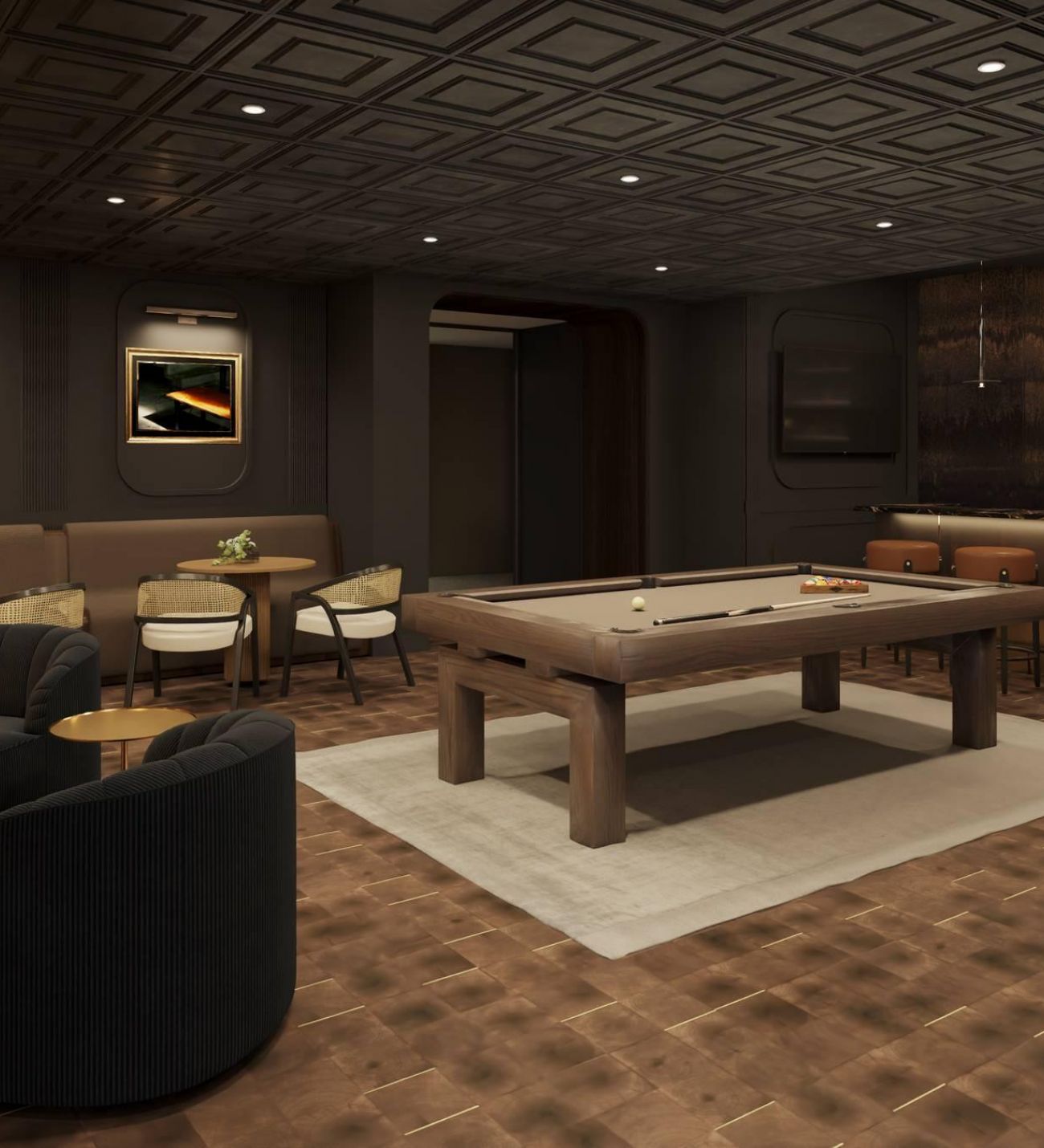 Oberon A cozy bar featuring a pool table surrounded by chairs, inviting patrons to enjoy games and socializing.