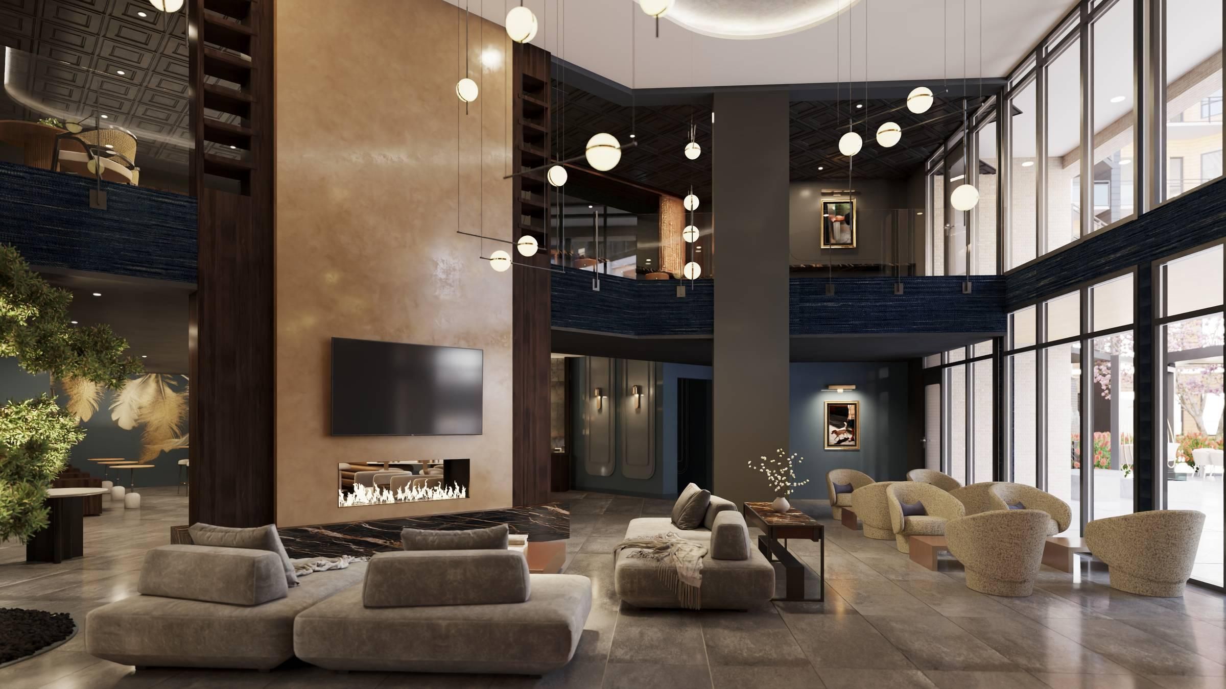 Oberon A modern hotel lobby featuring a spacious design and a large, elegant fireplace as a focal point.